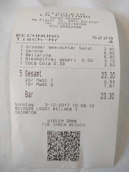 Pizzeria La Fontana - Rechnung